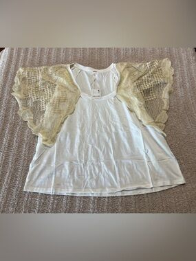 Free People White Top with Pale Yellow Crochet Flutter Sleeves